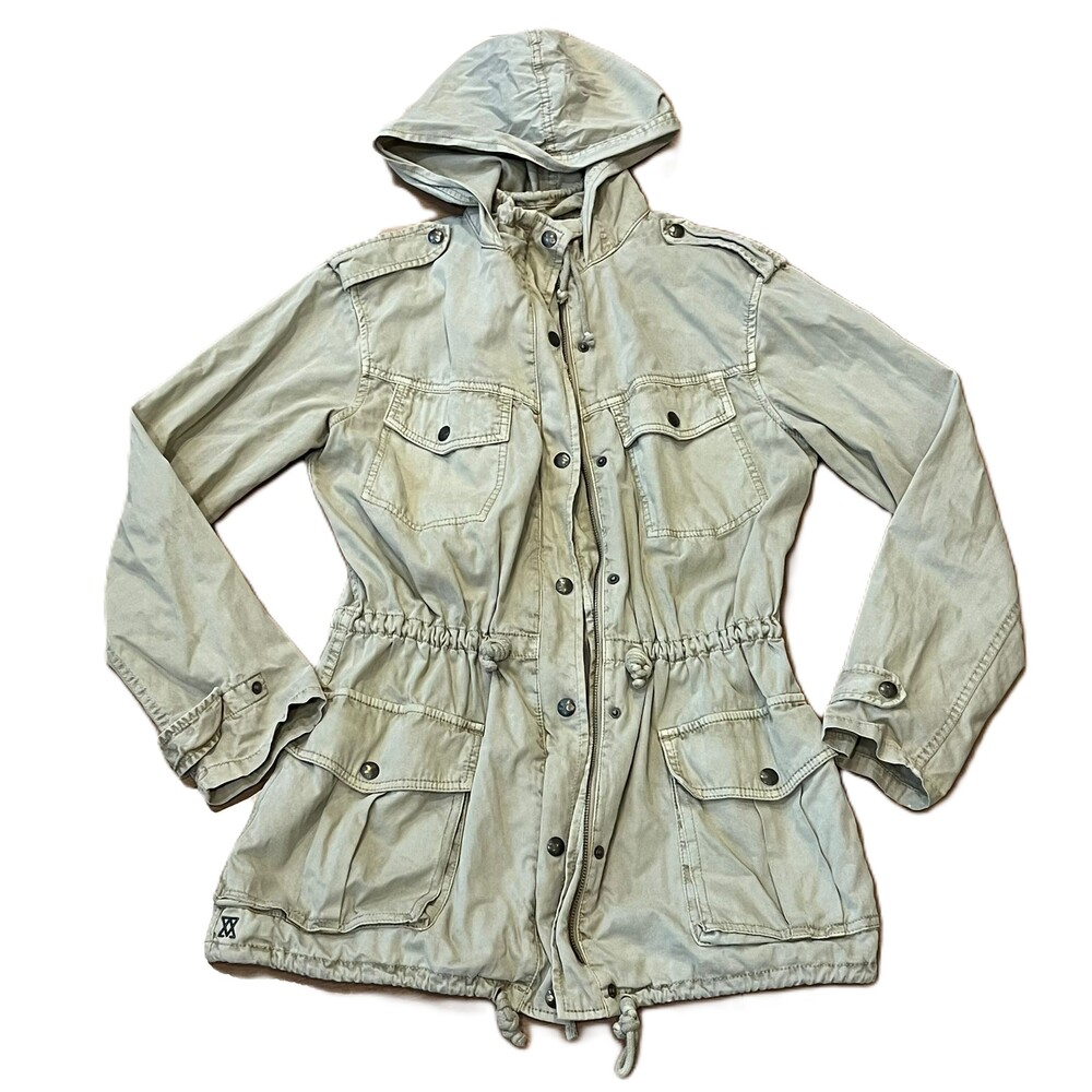 Aritzia Talula Trooper Hooded Military Utility Jacket in Cream Beige Size Small